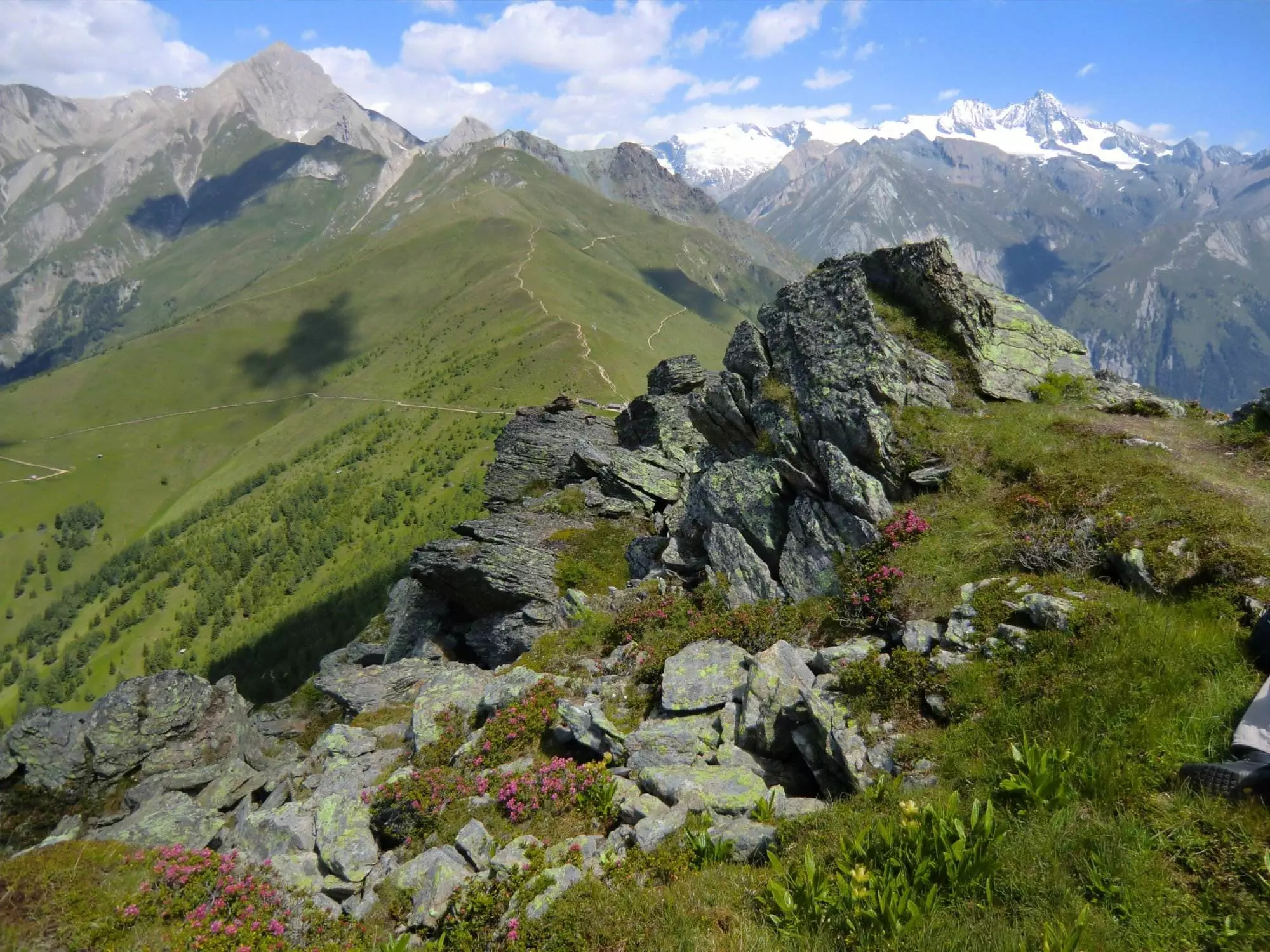 Eine Person genießt Bergwandern auf einem felsigen Berg in den Schweizer Alpen.