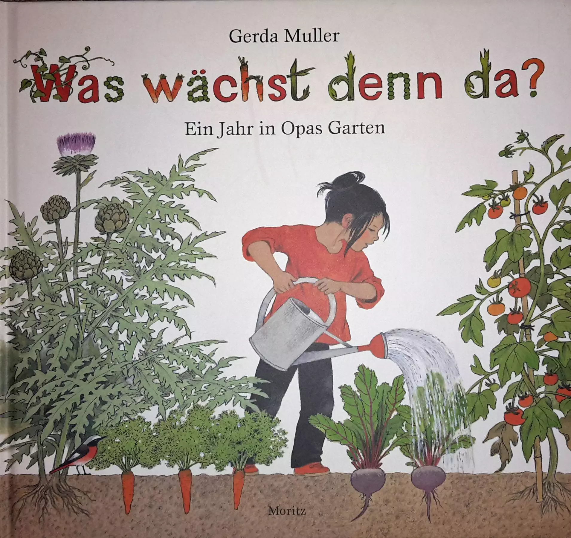 Ein Mädchen beim Gießen eines Gartens in einem Buch.